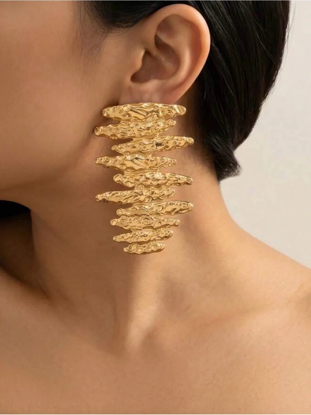 Gold Textured Statement Drop Earrings - Women Jewelry